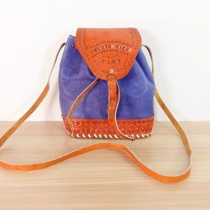 Purple Bag Leather Crossbody Bucket Brown Sling Purse Whipstitch‎ Western Boho